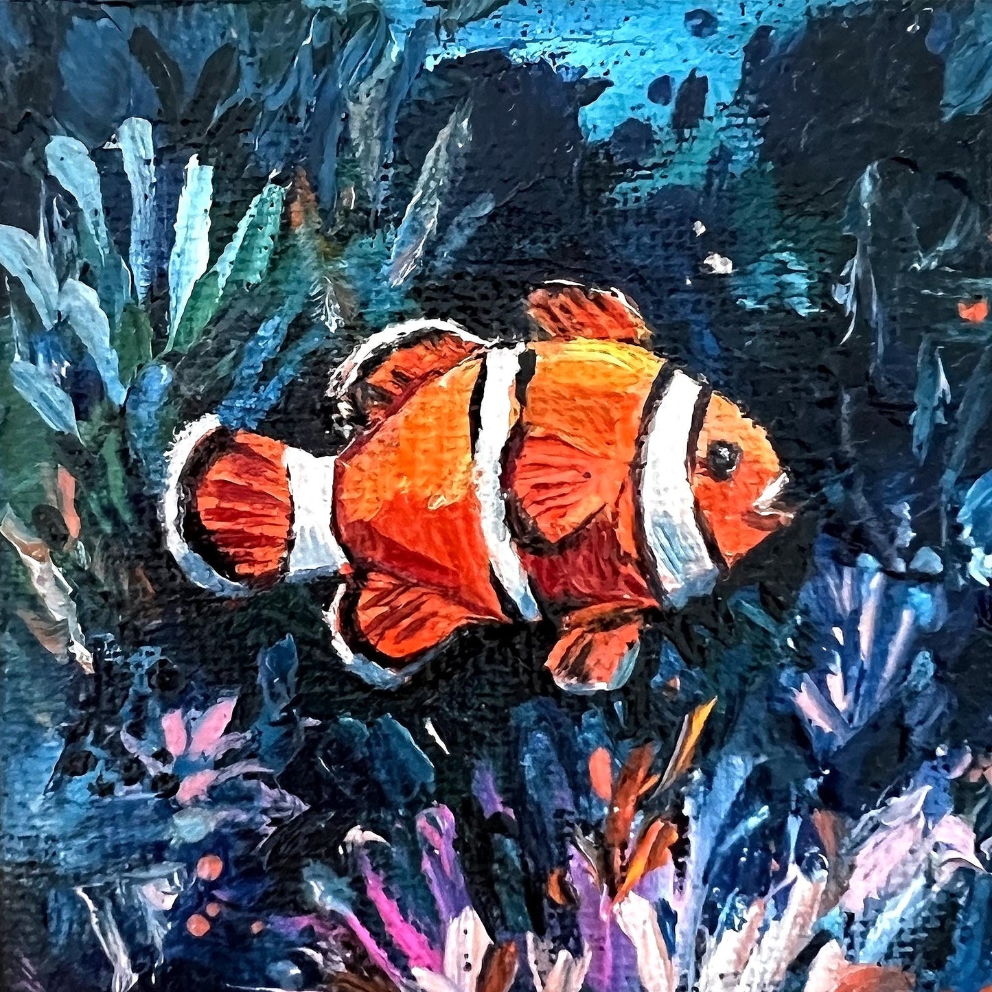 Clownfish Oil Painting: Original Tiny Seascape, Coastal Decor
