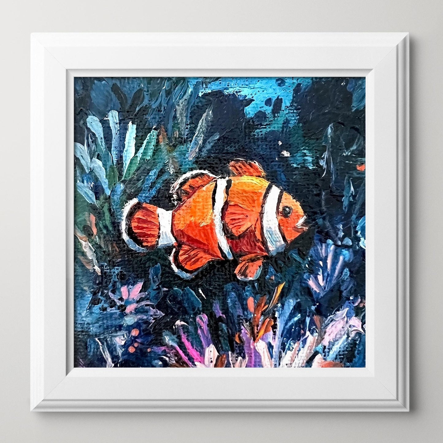 Clownfish Oil Painting: Original Tiny Seascape, Coastal Decor