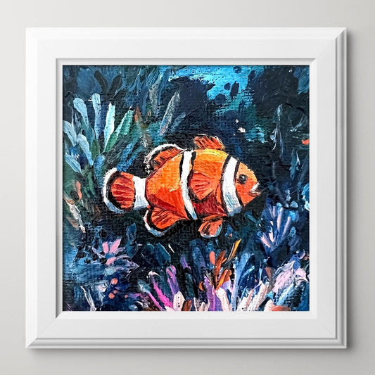 Clownfish Oil Painting: Original Tiny Seascape, Coastal Decor