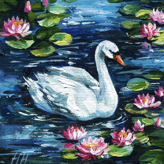 Swan original painting, water lily art, blue lake wall decor, 4x4 mini canvas, white bird on pond, pink floral art gift, Fine Art Birds