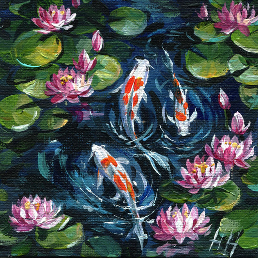 Koi Fish and Water Lilies – Original 4x4" Acrylic Painting, Pink lotus Mini Pond Art, Japanese Garden Decor, Zen Wall Art Anniversary Gift
