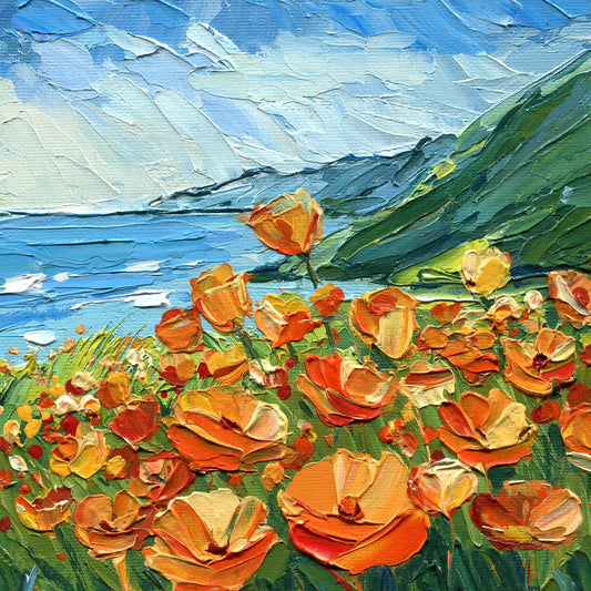 Side angle of California poppies impasto painting by Hanna Art highlighting the three-dimensional texture and bold palette knife strokes that bring the coastal landscape to life with dynamic depth and movement