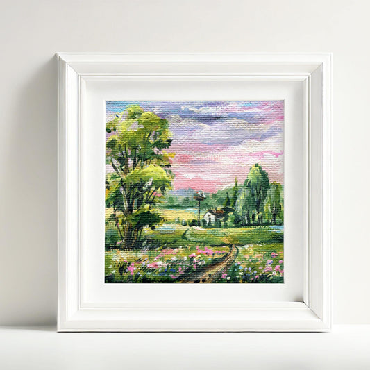 Summer landscape with stork's nest village house Original Painting Cottage Wall Art Decor Small Country Scene Home Gift Rural Spring Art