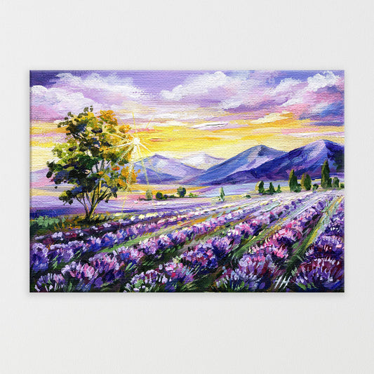 Lavender Field Sunset – Original Acrylic Painting, Provence Landscape Art, Mountain View, Botanical Wall Decor, Cottagecore Gift Shabby Chic