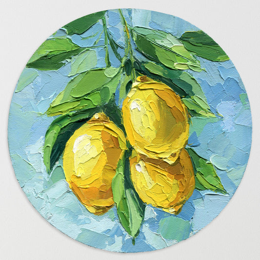 Lemon Branch Original Oil Painting – 8x8” Round Citrus Wall Art, Yellow Fruit with Leaves, Mediterranean Kitchen Decor Gift, Gift for Her