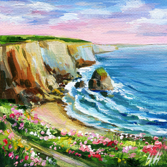 Original Coastal Cliff Painting – Ocean Waves Wildflowers Seascape Art, Irish Coastline, Mini Canvas, Beach Wall Decor, birthday Gift