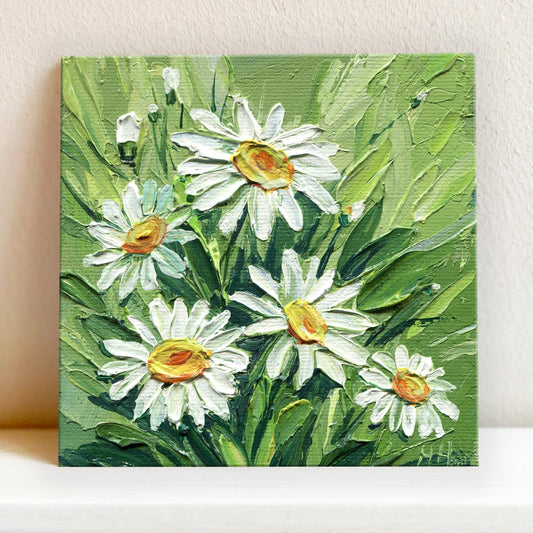 Daisy Oil Painting Mini Floral Original Art White Flower Field Wall Decor Impasto Small Canvas Nature Gift summer wildflowers on green grass