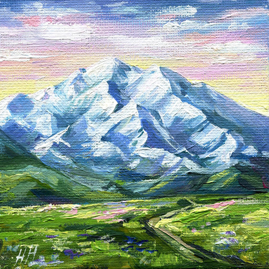 Denali Mountain Original Painting – 4x4” Acrylic Landscape – Snowy Peak Wall Art – Alaska Nature Decor – Unique Birthday Gift Idea
