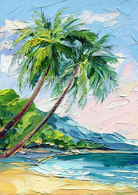 Original Maui Palm Tree Oil Painting: Impasto Tropical Seascape Art