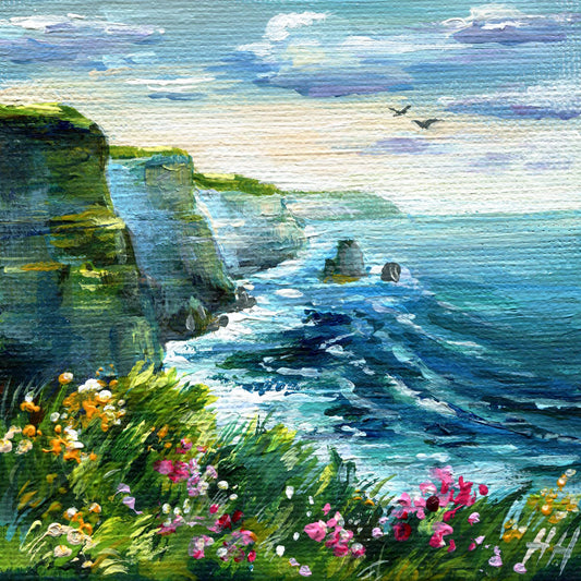 Cliffs of Moher Mini Painting – Original 4x4” Acrylic Irish Seaside Art – Coastal Wall Decor – Small Ocean Landscape Gift
