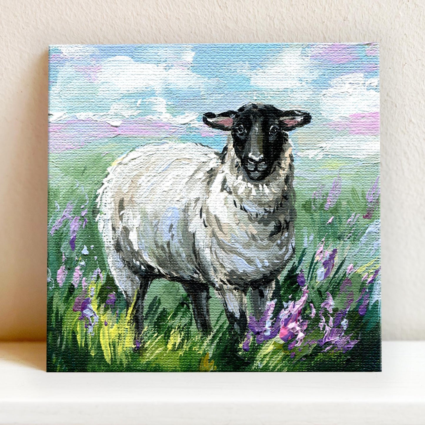 Irish Sheep Painting: 4x4" Original Acrylic Blackface Sheep Art