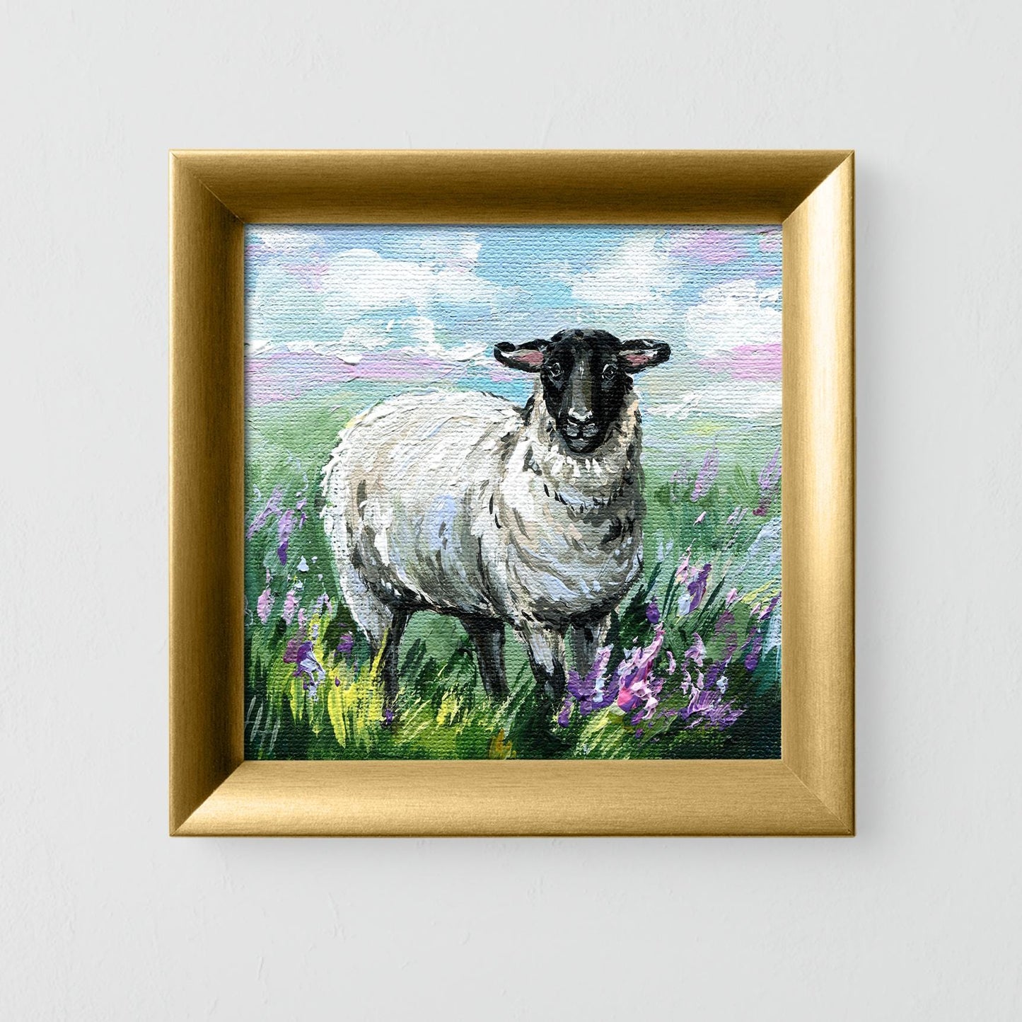 Irish Sheep Painting: 4x4" Original Acrylic Blackface Sheep Art