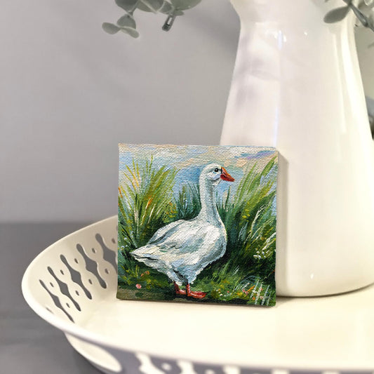 Goose Meadow Painting: Miniature Farm Animal Art, Country Decor