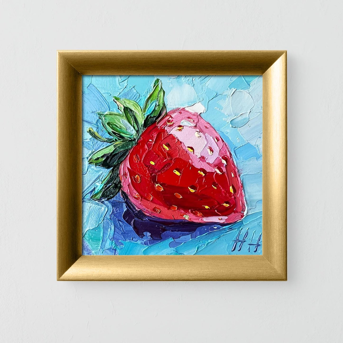 Impasto Strawberry Oil Painting: Small Kitchen Fruit Art, 4x4" Mini Canvas