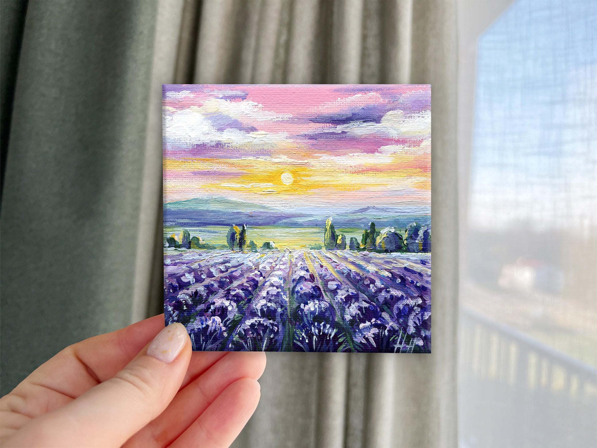 Original small canvas art of purple lavender rows under soft sunset sky – perfect gift for lavender lovers