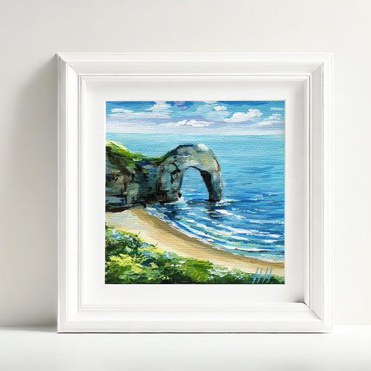 Etretat Arch France – Original Acrylic Seascape Painting 10x10 cm, Normandy Coast Mini Canvas, Beach Wall Art, Ocean Cliff Landscape gift