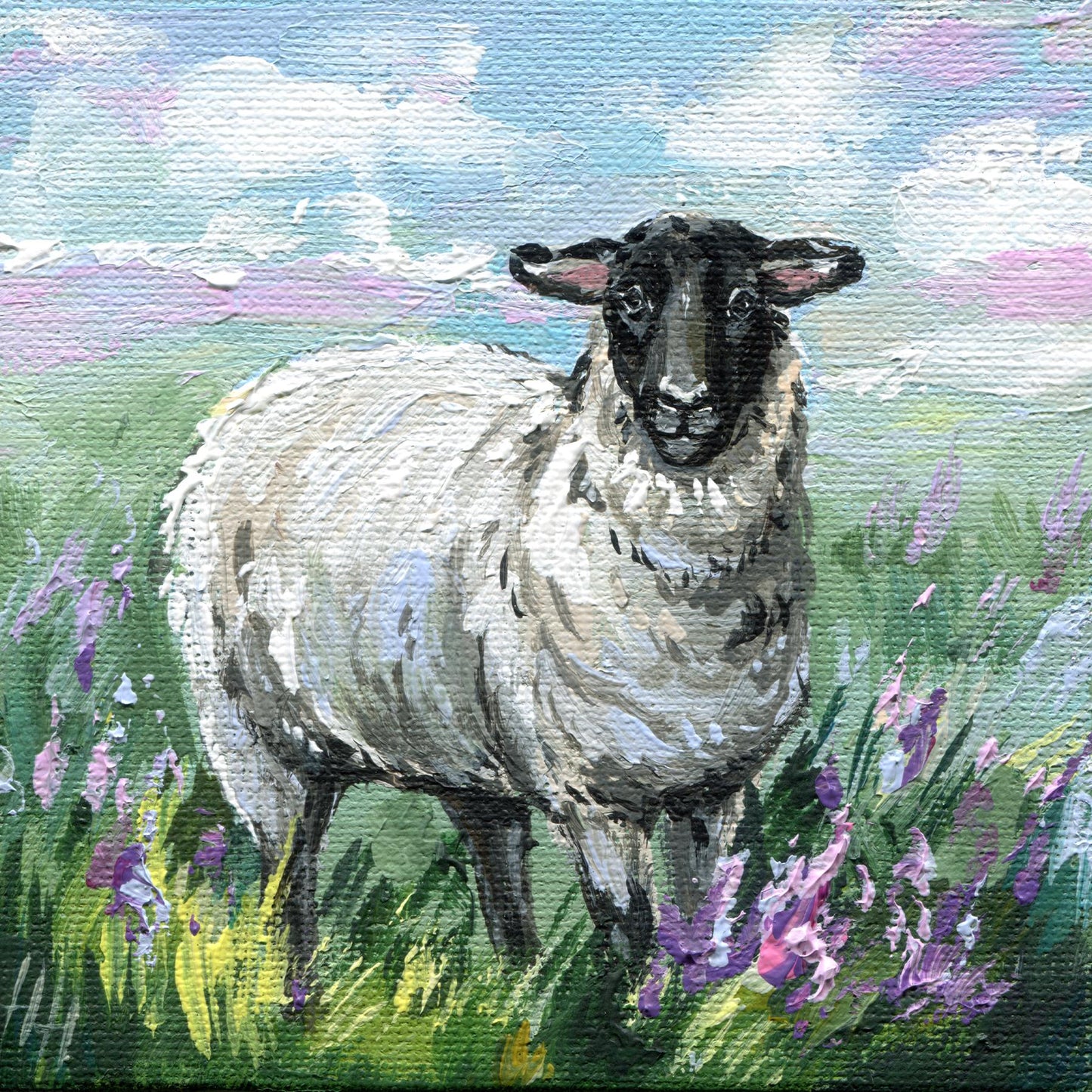 Irish Sheep Painting: 4x4" Original Acrylic Blackface Sheep Art
