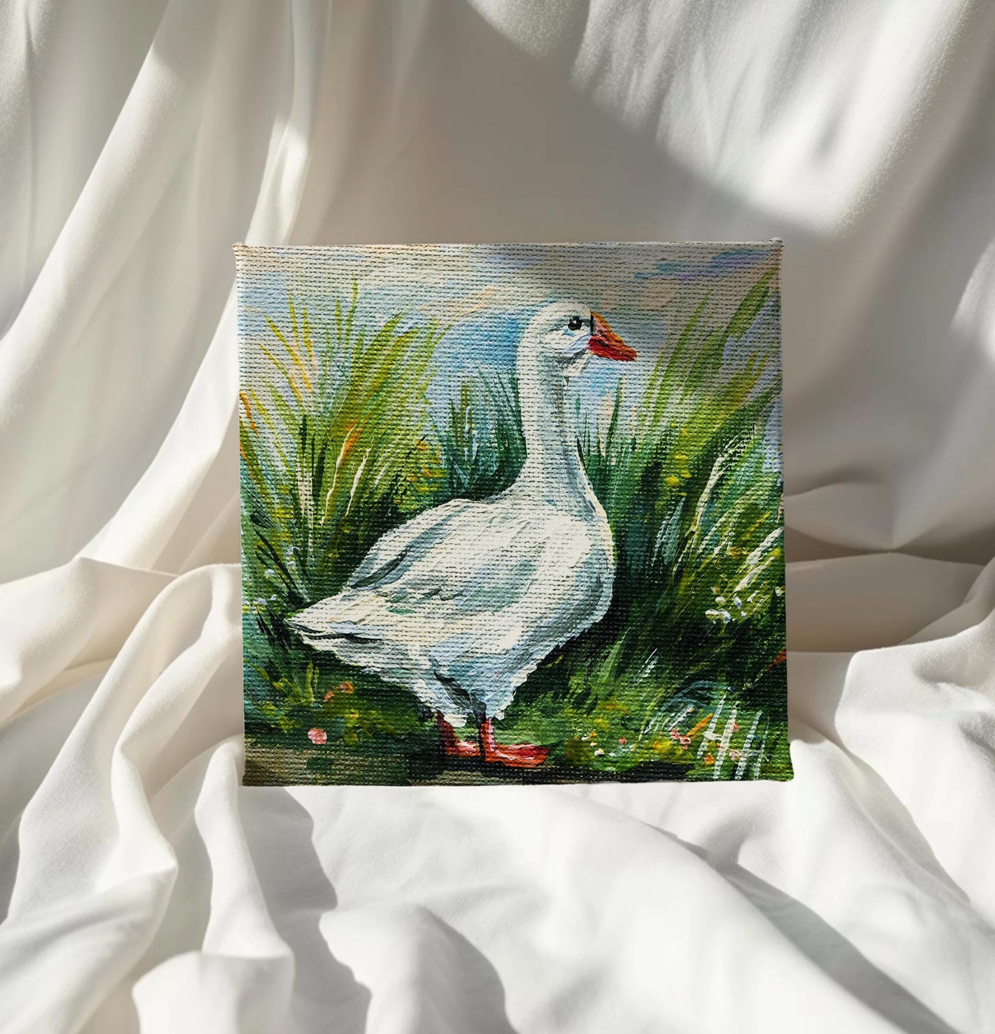 Goose Meadow Painting: Miniature Farm Animal Art, Country Decor