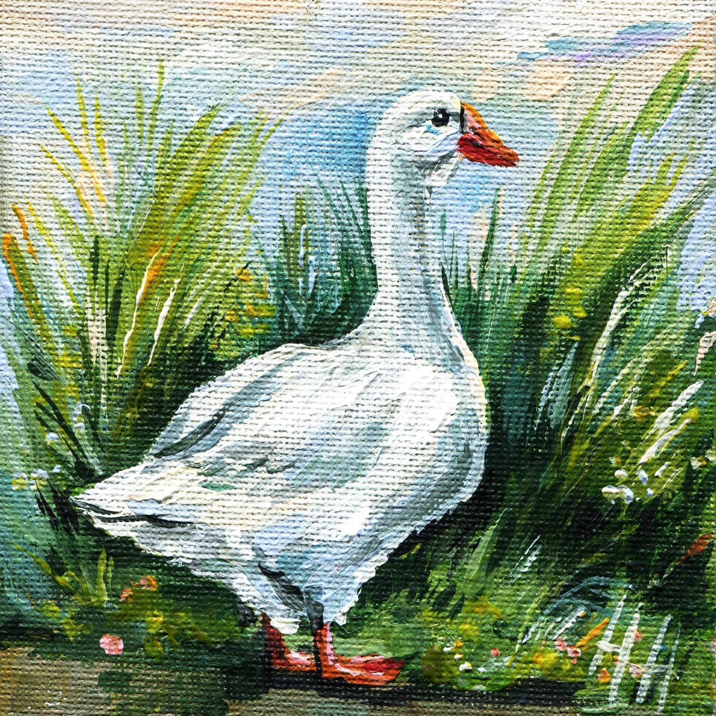 Goose Meadow Painting: Miniature Farm Animal Art, Country Decor