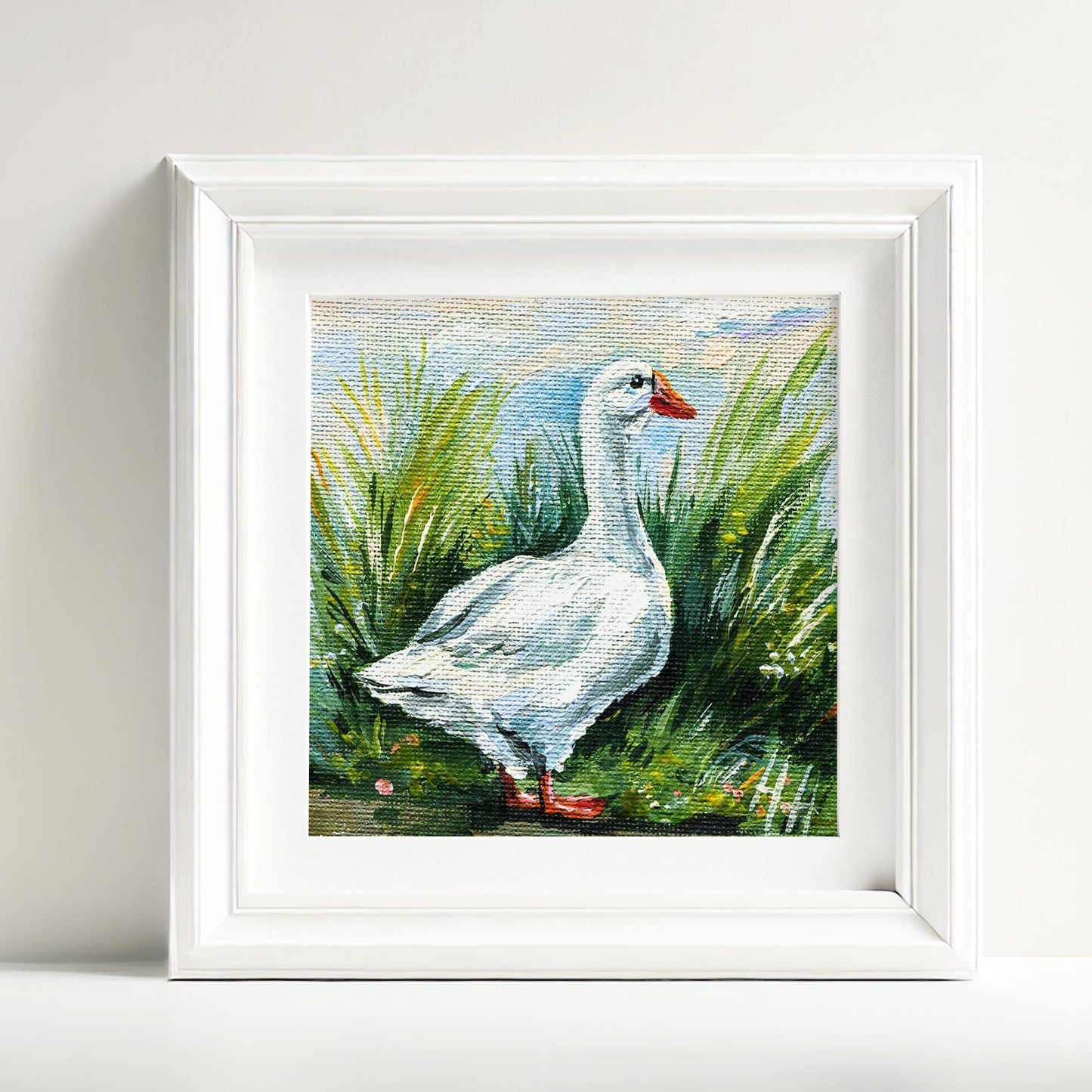 Goose Meadow Painting: Miniature Farm Animal Art, Country Decor