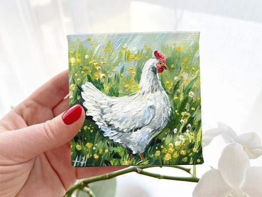 White Hen Acrylic Painting – 4x4" Farm Animal Art, Cottage Decor
