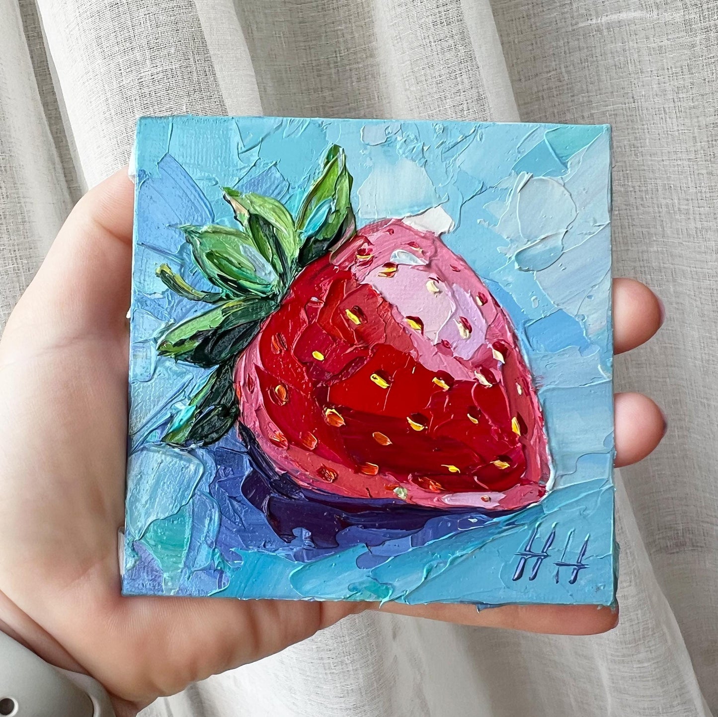 Impasto Strawberry Oil Painting: Small Kitchen Fruit Art, 4x4" Mini Canvas
