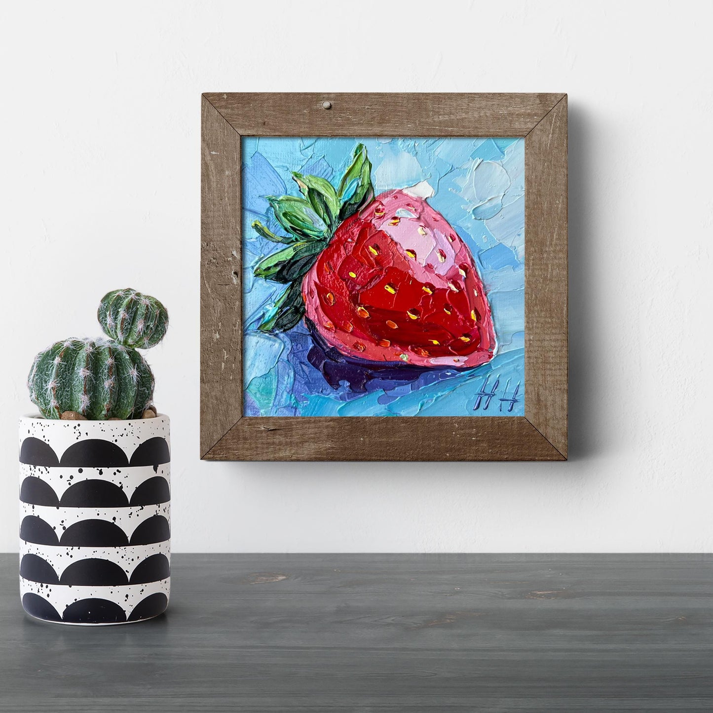 Impasto Strawberry Oil Painting: Small Kitchen Fruit Art, 4x4" Mini Canvas