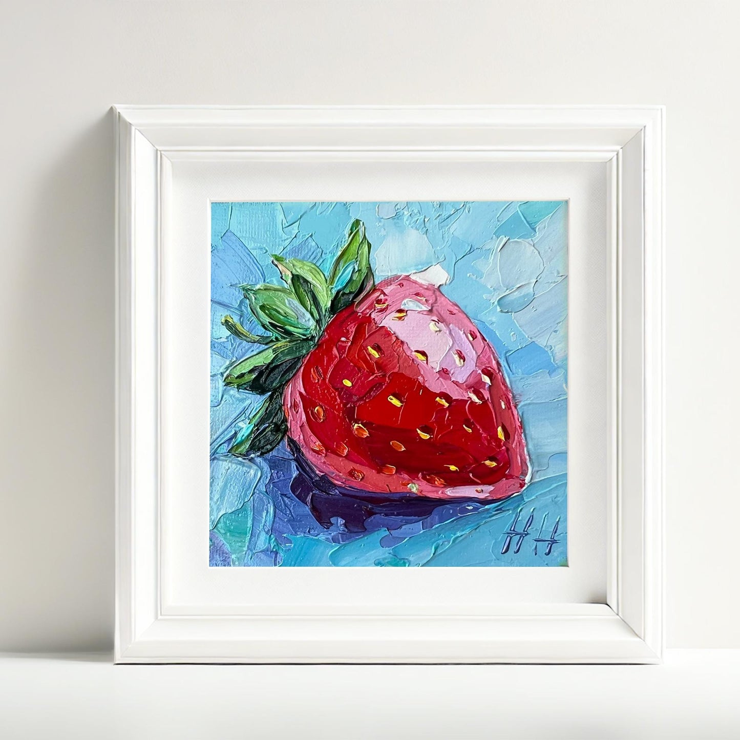 Impasto Strawberry Oil Painting: Small Kitchen Fruit Art, 4x4" Mini Canvas