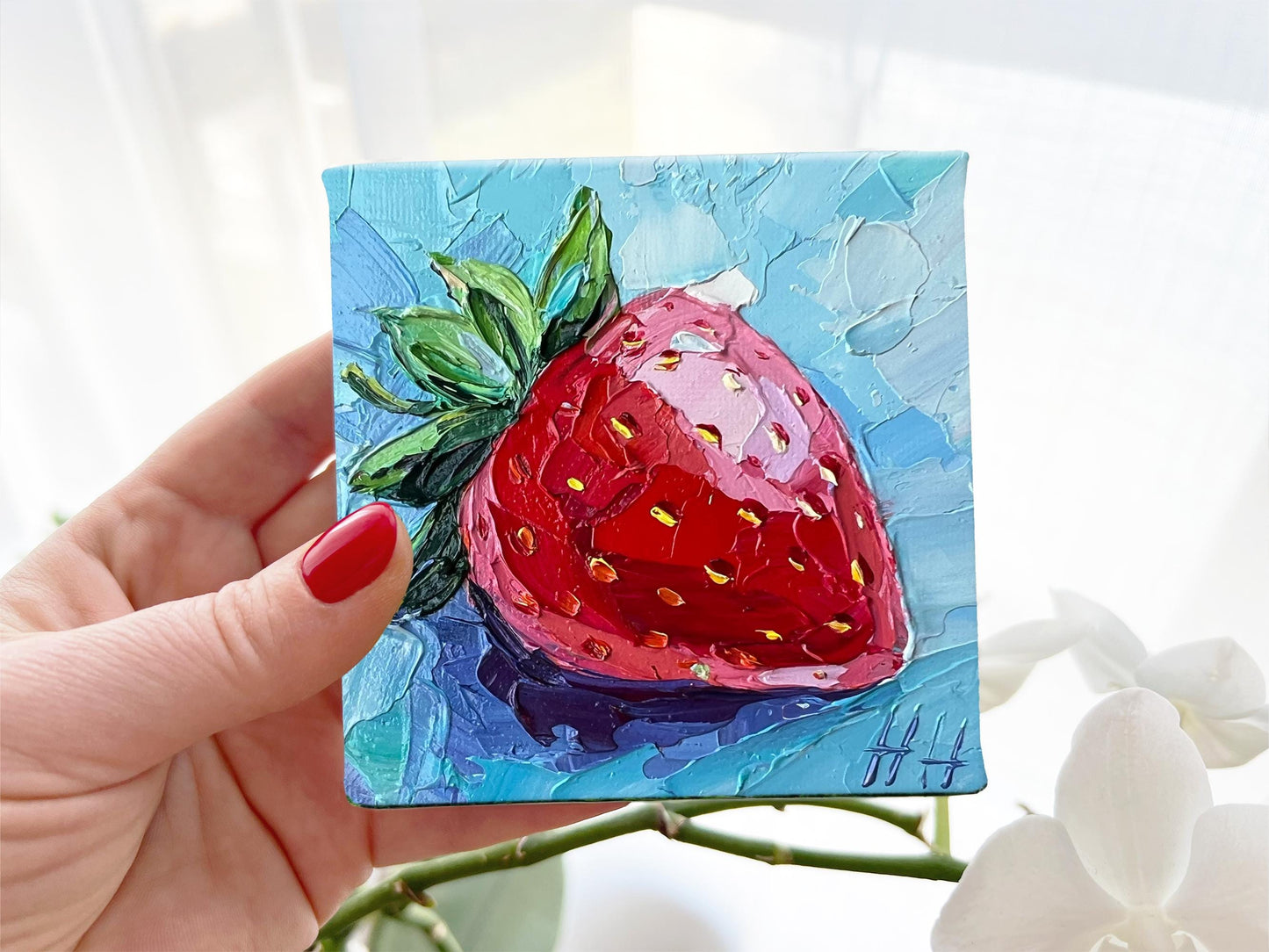 Impasto Strawberry Oil Painting: Small Kitchen Fruit Art, 4x4" Mini Canvas