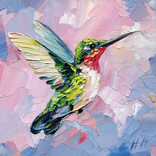 Impasto Hummingbird Oil Painting: Textured Tropical Bird Art on Colorful Background, by Hanna Hryharenka | HannaArtDecor