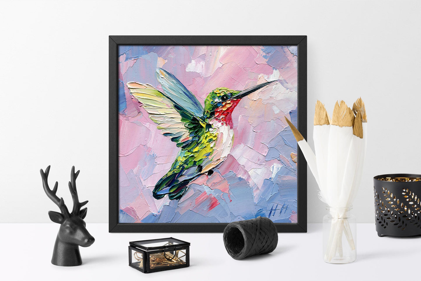 Impasto Hummingbird Oil Painting: Textured Tropical Bird Art on Colorful Background, by Hanna Hryharenka | HannaArtDecor