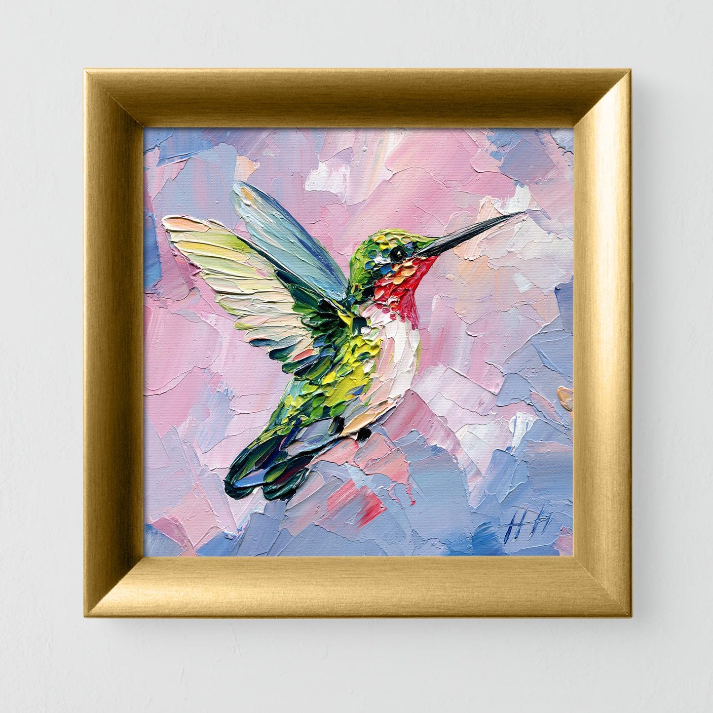 Impasto Hummingbird Oil Painting: Textured Tropical Bird Art on Colorful Background, by Hanna Hryharenka | HannaArtDecor