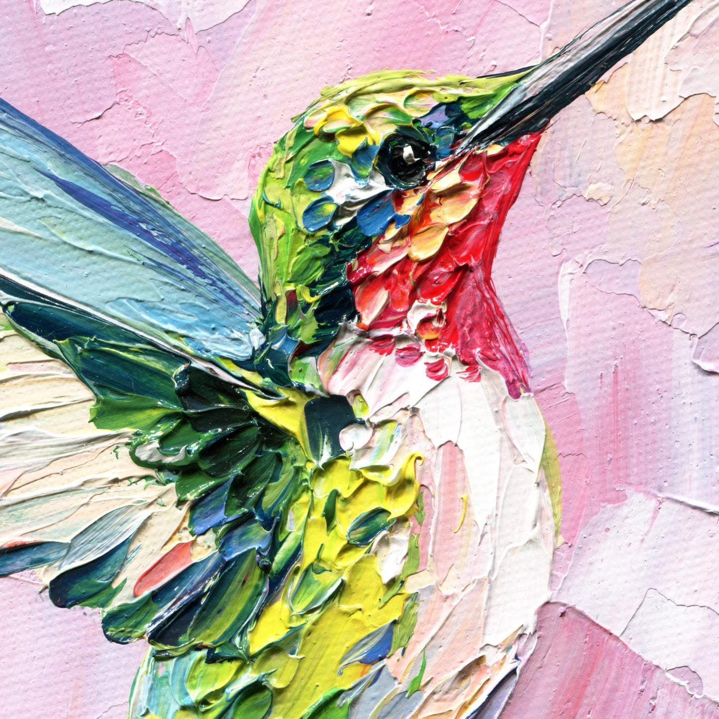 Impasto Hummingbird Oil Painting: Textured Tropical Bird Art on Colorful Background, by Hanna Hryharenka | HannaArtDecor