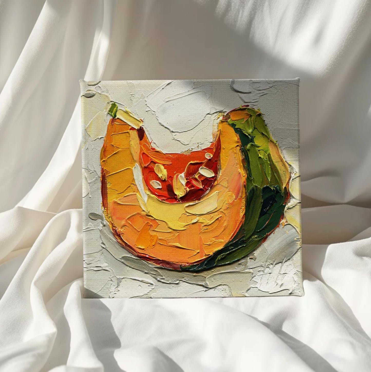 Pumpkin Slice Oil Painting – Original Autumn Impasto Artwork, Rustic Harvest Kitchen Wall Decor by Hanna Hryharenka | HannaArtDecor