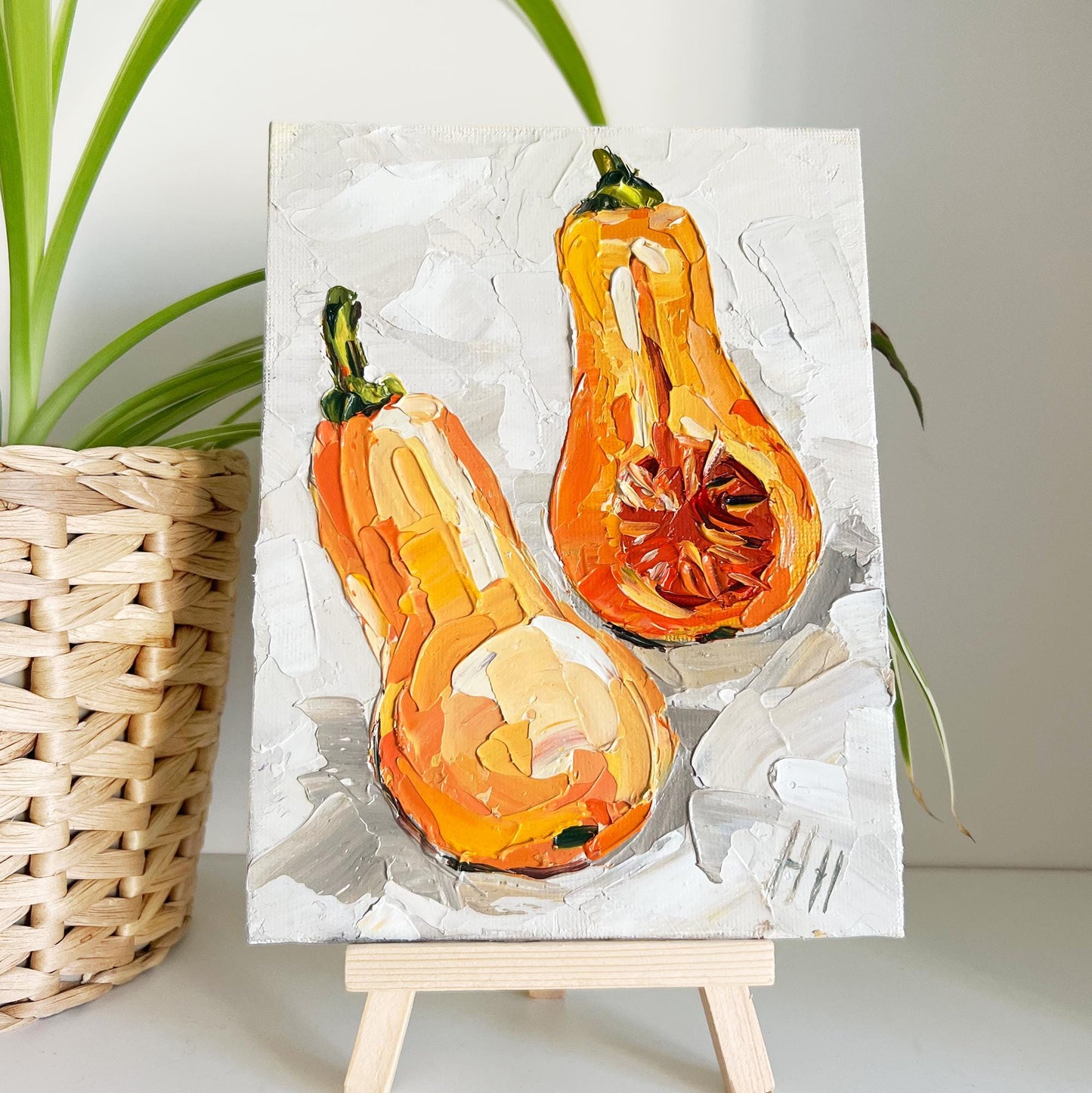 Butternut Squash Oil Painting – Original Impasto Food Art, Autumn Vegetable Wall Decor by Hanna Hryharenka | HannaArtDecor