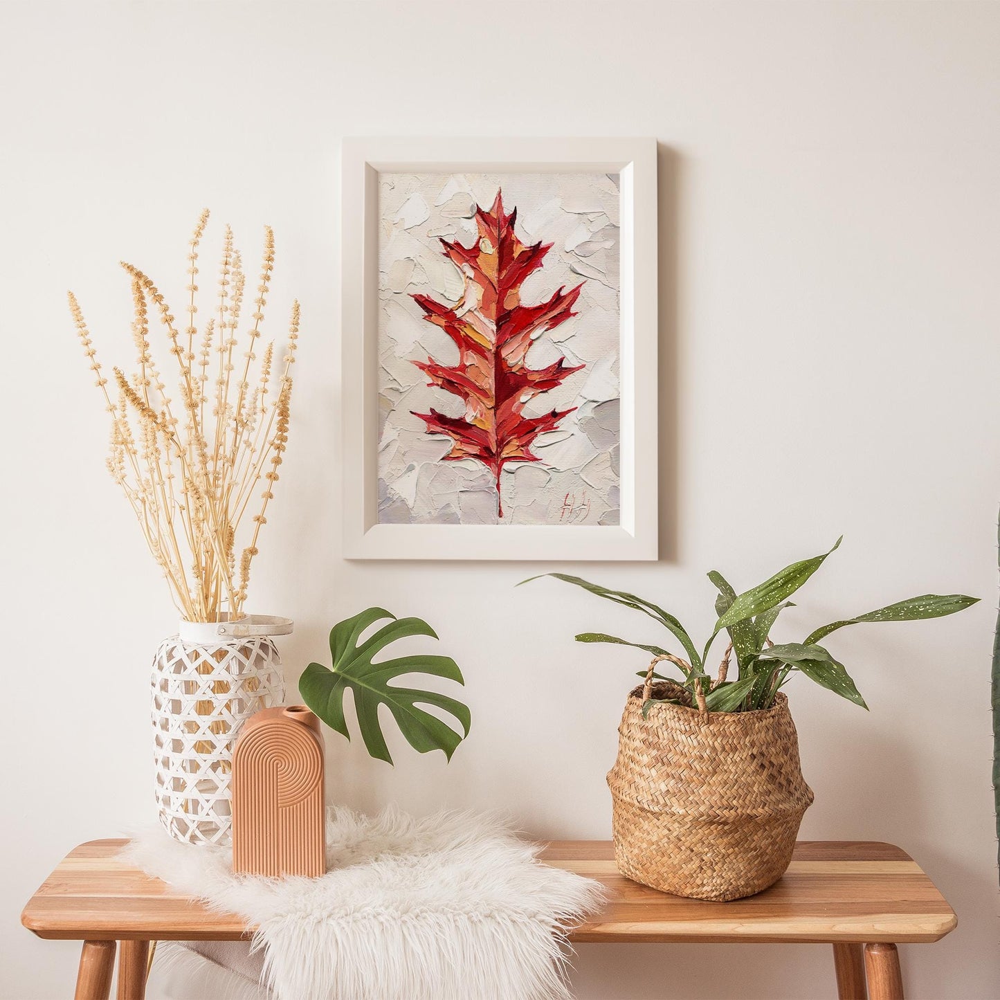 Red Oak Leaf — Impasto Oil Painting, 5×7 in (Original)