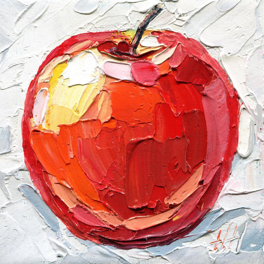 Impasto Red Apple Oil Painting: Rustic Kitchen Still Life, 4x4" Canvas by Hanna Hryharenka | HannaArtDecor