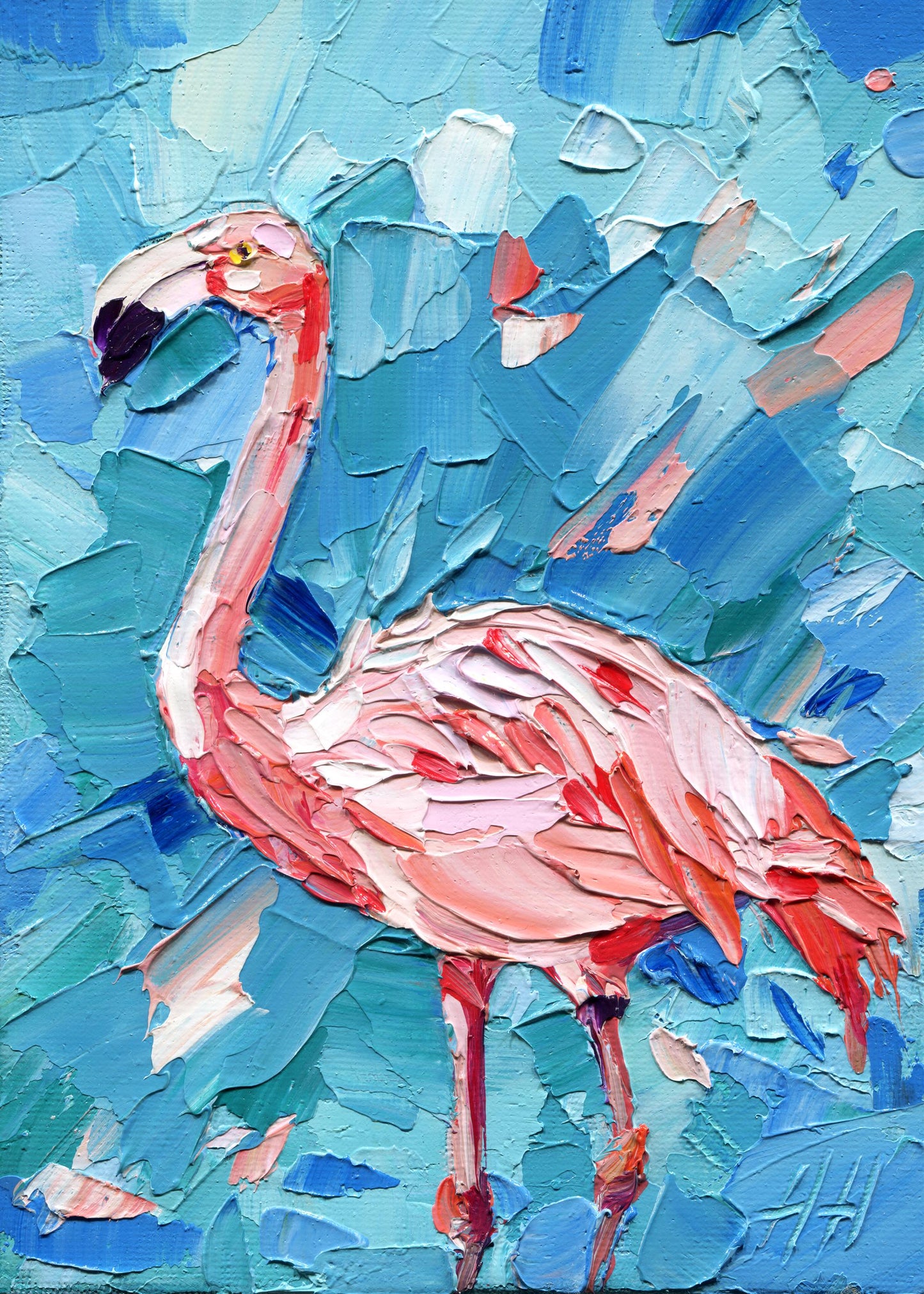 Impasto Flamingo Oil Painting: Tropical Coastal Decor, 5x7 Animal Art by Hanna Hryharenka | HannaArtDecor