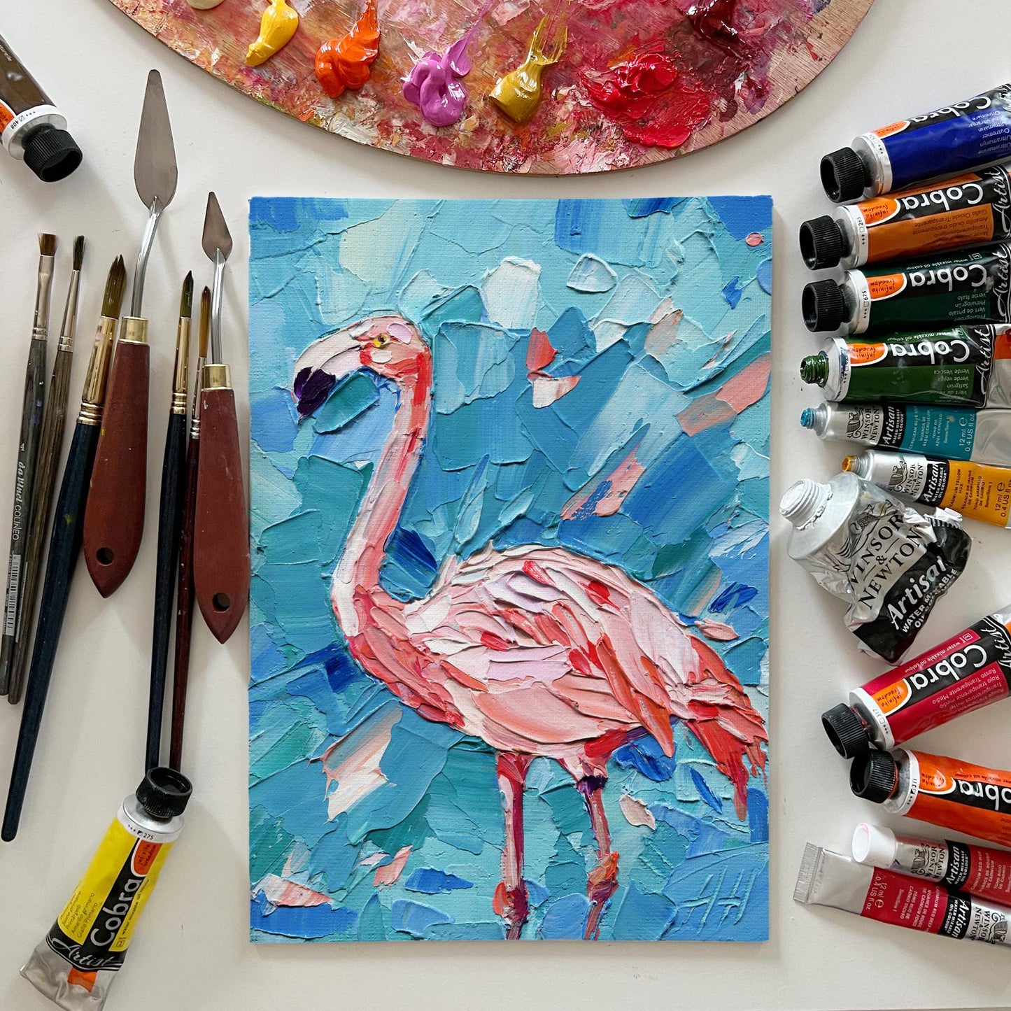 Impasto Flamingo Oil Painting: Tropical Coastal Decor, 5x7 Animal Art by Hanna Hryharenka | HannaArtDecor