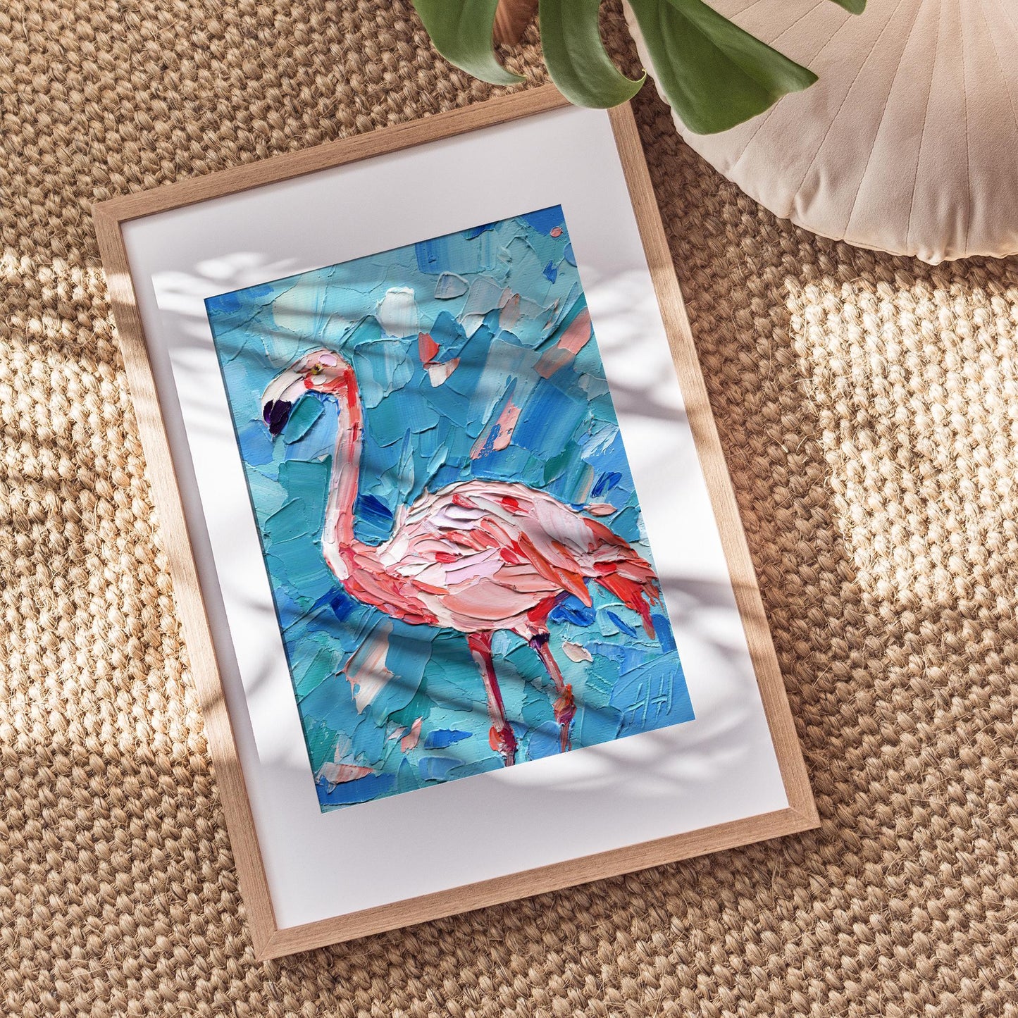 Impasto Flamingo Oil Painting: Tropical Coastal Decor, 5x7 Animal Art by Hanna Hryharenka | HannaArtDecor