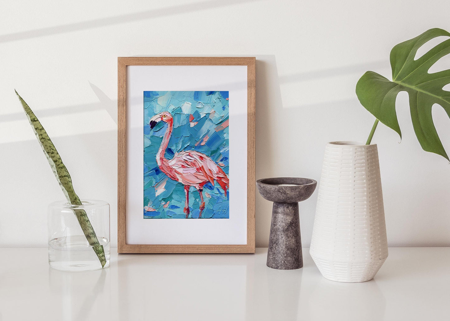 Impasto Flamingo Oil Painting: Tropical Coastal Decor, 5x7 Animal Art by Hanna Hryharenka | HannaArtDecor