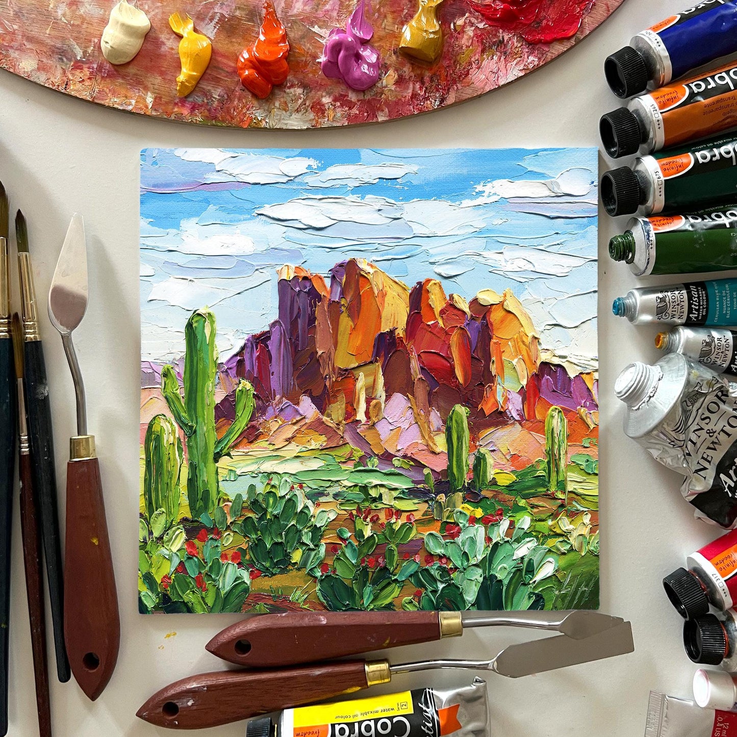Arizona Canyon Oil Painting: 8x8" Impasto Desert Landscape Art by Hanna Hryharenka | HannaArtDecor