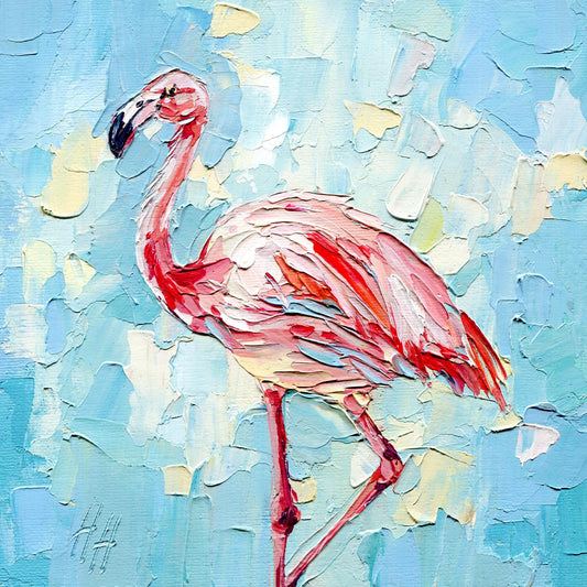 Impasto Flamingo Oil Painting: Tropical Bird Art, 8x8" Original by Hanna Hryharenka | HannaArtDecor