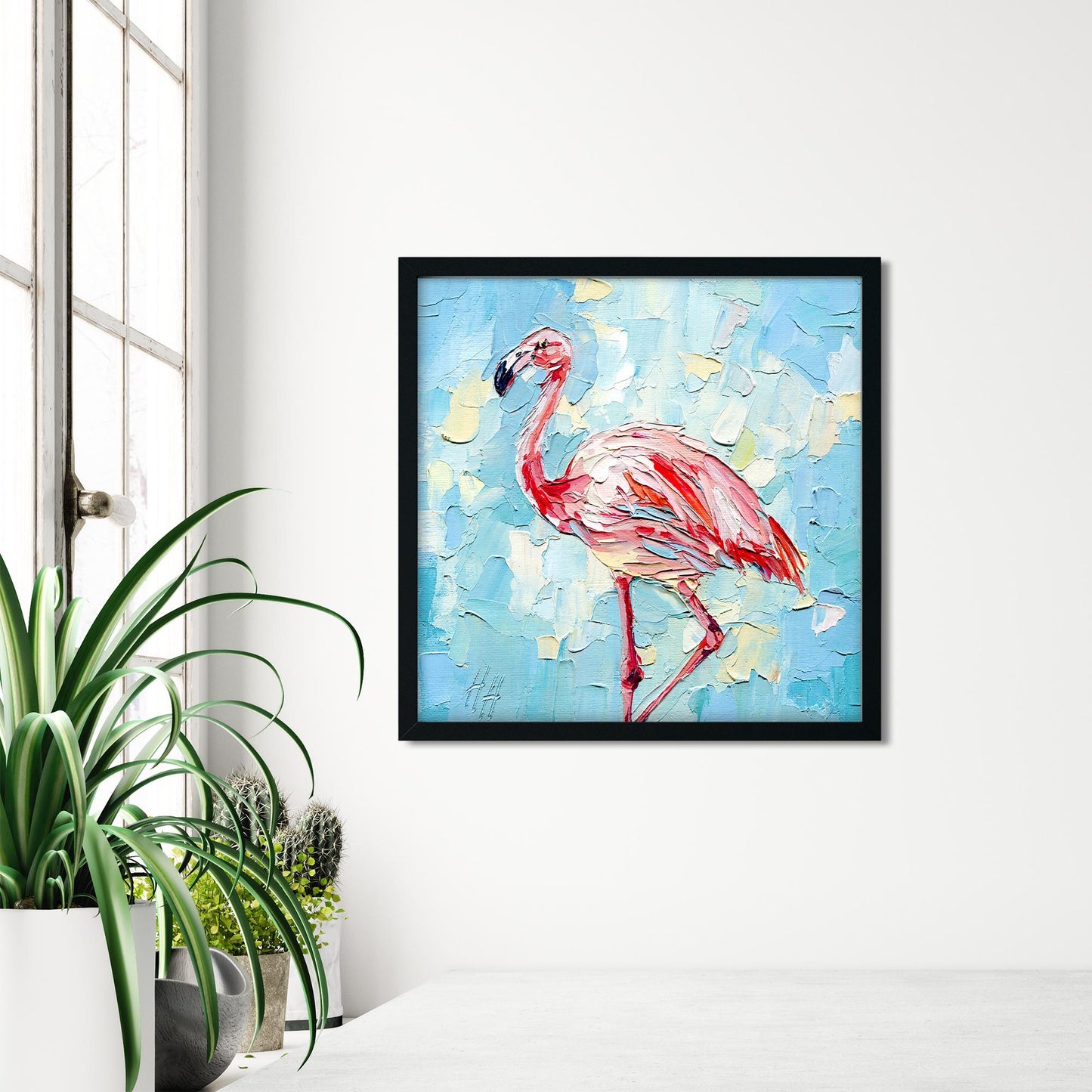 Impasto Flamingo Oil Painting: Tropical Bird Art, 8x8" Original by Hanna Hryharenka | HannaArtDecor