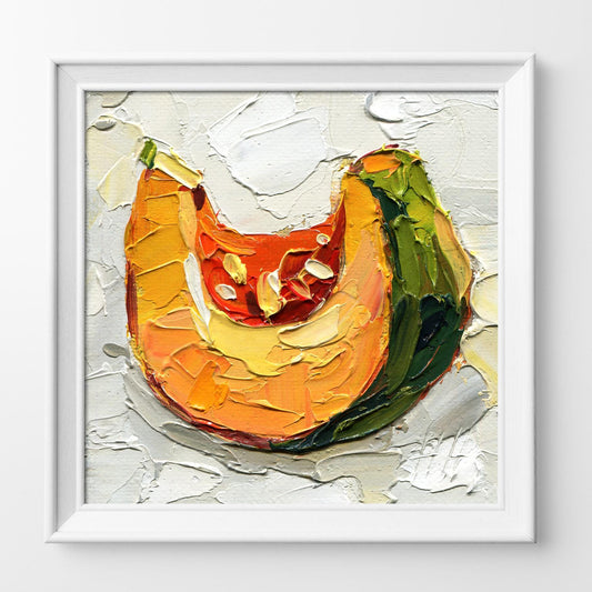 Pumpkin Slice Oil Painting – Original Autumn Impasto Artwork, Rustic Harvest Kitchen Wall Decor by Hanna Hryharenka | HannaArtDecor