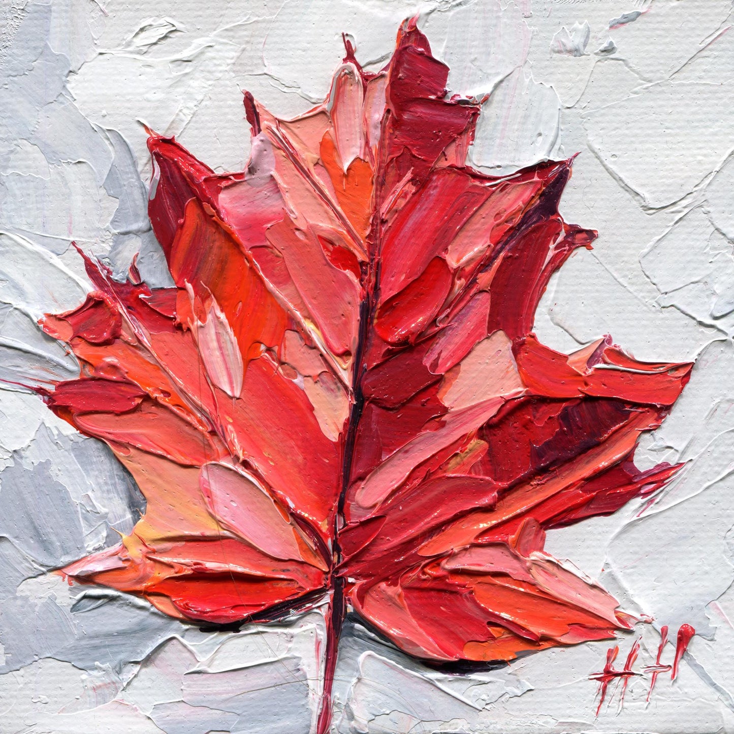 Red Maple Leaf — Impasto Oil Painting, 4×4 in (Original)