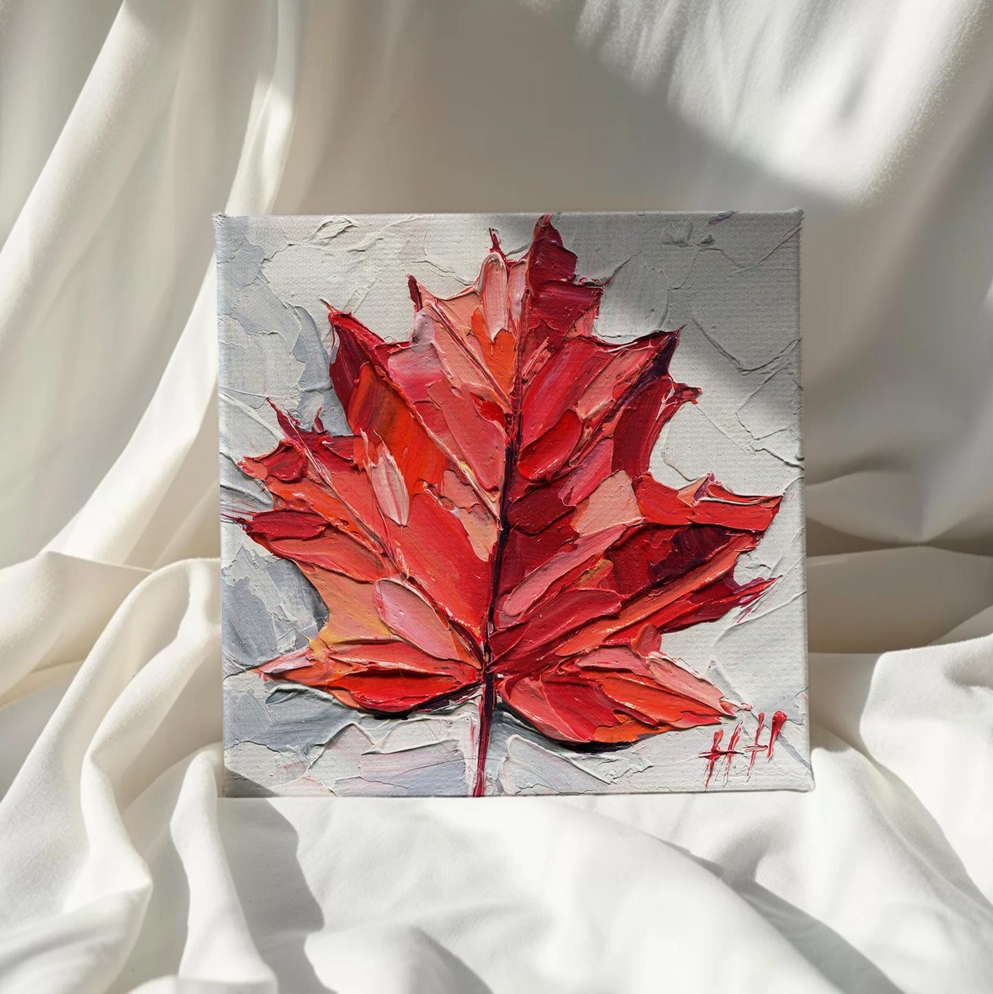 Red Maple Leaf — Impasto Oil Painting, 4×4 in (Original)