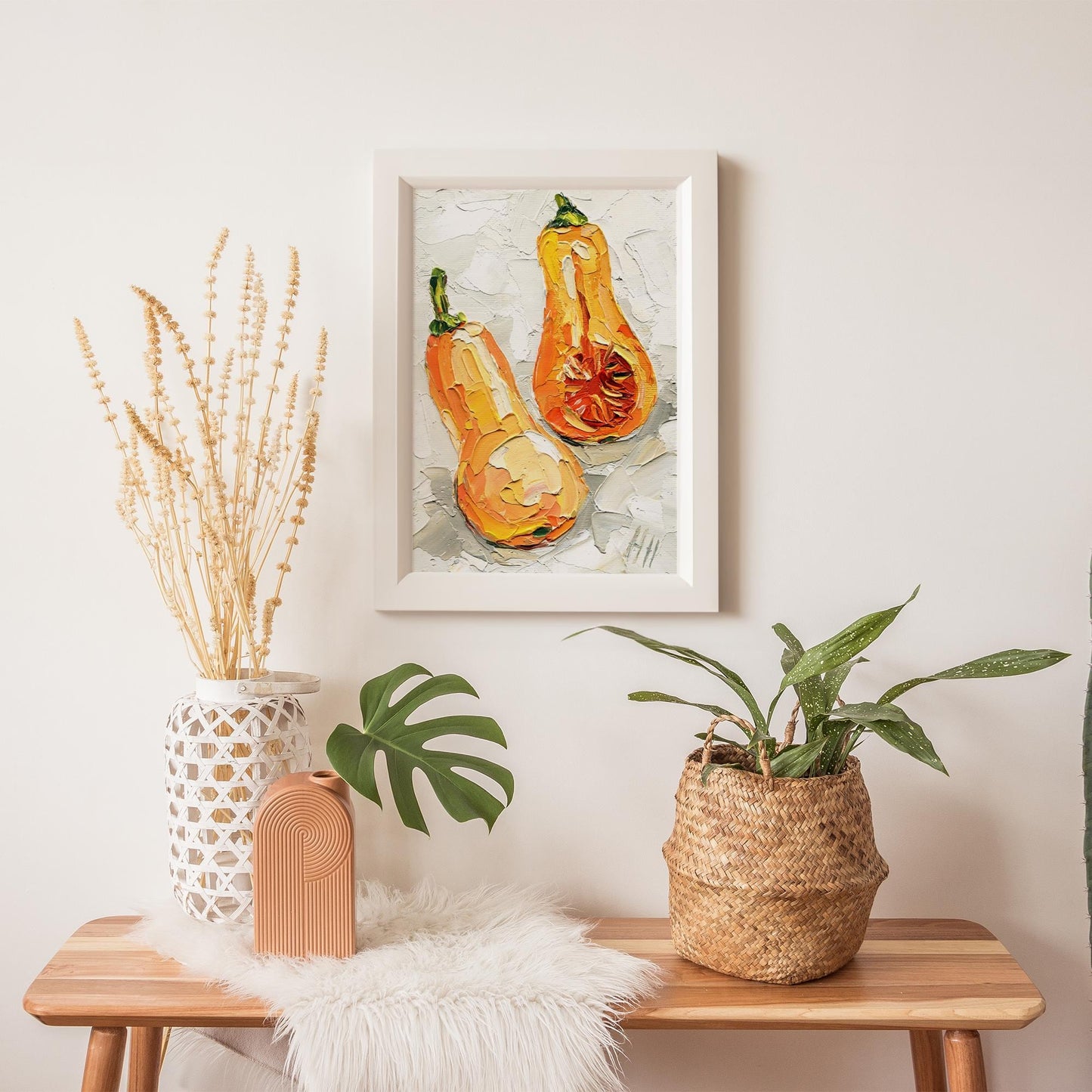 Butternut Squash Oil Painting – Original Impasto Food Art, Autumn Vegetable Wall Decor by Hanna Hryharenka | HannaArtDecor