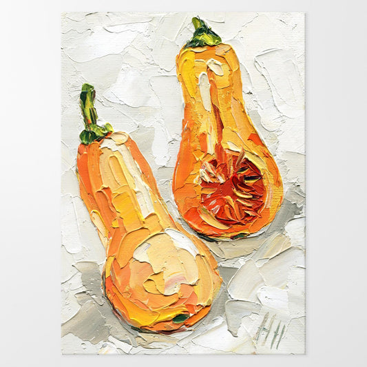 Butternut Squash Oil Painting – Original Impasto Food Art, Autumn Vegetable Wall Decor by Hanna Hryharenka | HannaArtDecor