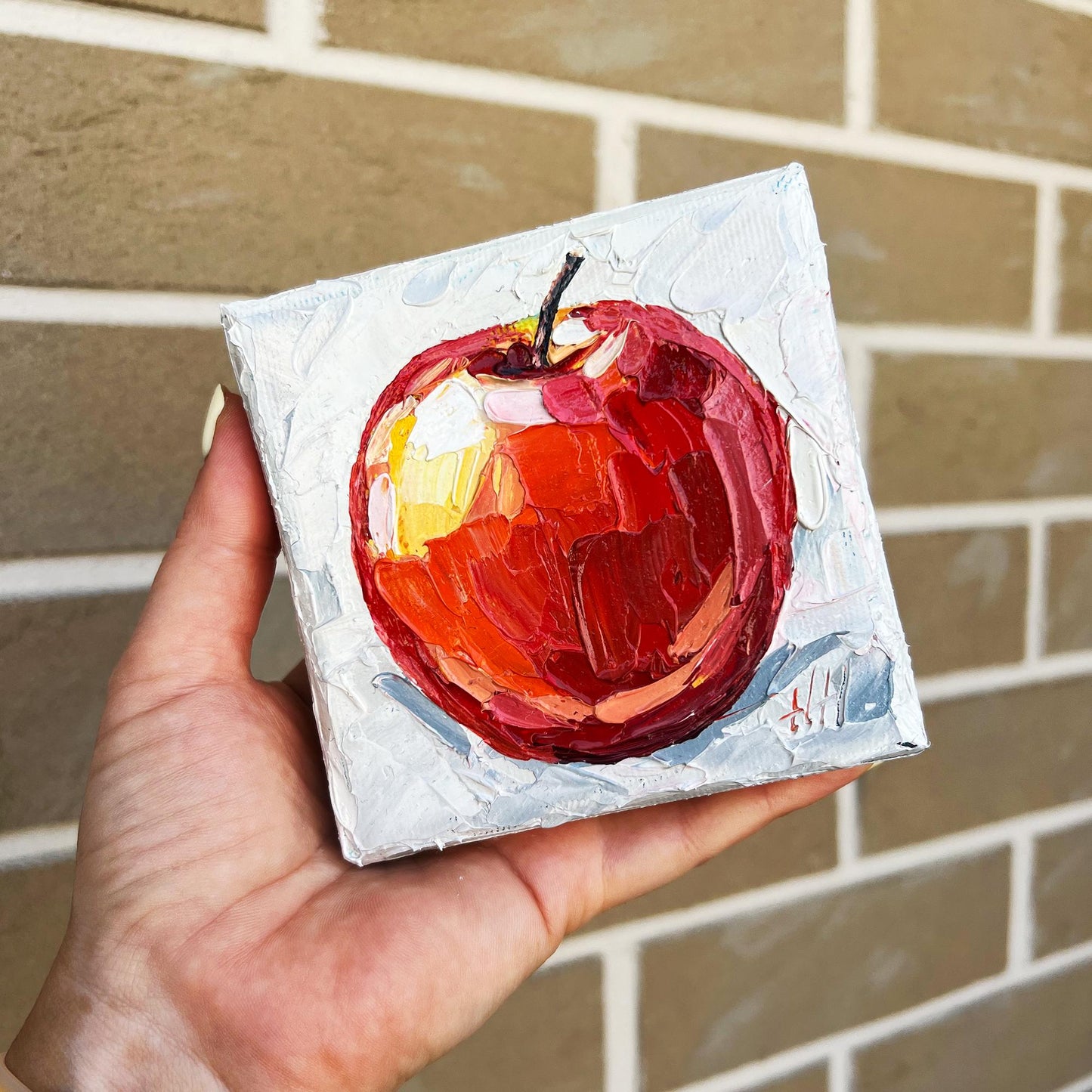 Impasto Red Apple Oil Painting: Rustic Kitchen Still Life, 4x4" Canvas by Hanna Hryharenka | HannaArtDecor